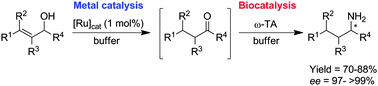 Graphical abstract: Chemoenzymatic one-pot synthesis in an aqueous medium: combination of metal-catalysed allylic alcohol isomerisation–asymmetric bioamination