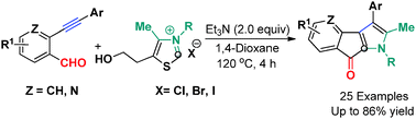 Graphical abstract: Cascade bicyclizations of o-alkynyl aldehydes with thiazolium salts: a new access toward poly-functionalized indeno[2,1-b]pyrroles