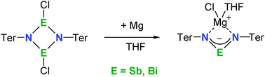 Graphical abstract: Accessing heavy allyl-analogous [(TerN)2E]− (E = Sb, Bi) ions and their reactivity towards ECl3