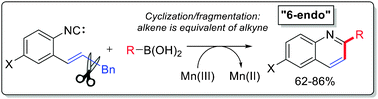 Graphical abstract: Coupling cyclizations with fragmentations for the preparation of heteroaromatics: quinolines from o-alkenyl arylisocyanides and boronic acids