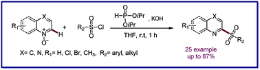 Graphical abstract: H-phosphonate-mediated sulfonylation of heteroaromatic N-oxides: a mild and metal-free one-pot synthesis of 2-sulfonyl quinolines/pyridines
