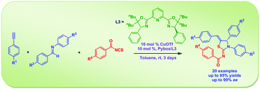 Graphical abstract: An asymmetric alkynylation/hydrothiolation cascade: an enantioselective synthesis of thiazolidine-2-imines from imines, acetylenes and isothiocyanates