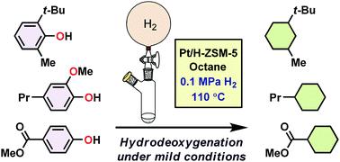 Graphical abstract: Low temperature hydrodeoxygenation of phenols under ambient hydrogen pressure to form cyclohexanes catalysed by Pt nanoparticles supported on H-ZSM-5