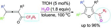 Graphical abstract: TfOH-catalyzed domino cycloisomerization/hydrolytic defluorination of 2,3-allenyl perfluoroalkyl ketones