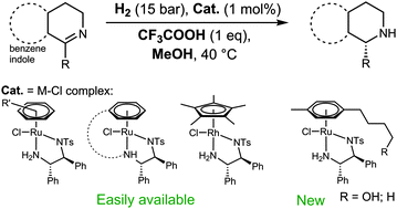 Graphical abstract: Enantioselective hydrogenation of cyclic imines catalysed by Noyori–Ikariya half-sandwich complexes and their analogues