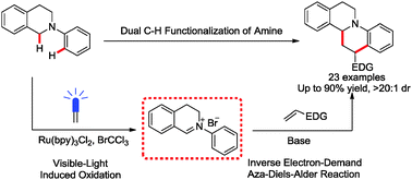Graphical abstract: Dual C–H functionalization of N-aryl tetrahydroisoquinolines: a highly diastereoselective synthesis of dibenzo[a,f]quinolizines via visible-light induced oxidation and inverse electron-demand aza-Diels–Alder reaction