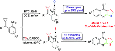 Graphical abstract: Thermally induced formal [3+2] cyclization of ortho-aminoaryl-tethered alkylidenecyclopropanes: facile synthesis of furoquinoline and thienoquinoline derivatives