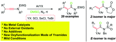 Graphical abstract: Formation of α-chalcogenyl acrylamides through unprecedented chalcogen-mediated metal-free oxyfunctionalization of ynamides with DMSO as an oxidant