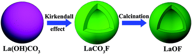 Graphical abstract: A novel synthetic route towards monodisperse LaOF:Ln3+ (Ln = Eu, Tb) hollow spheres with multicolor luminescence properties