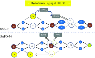 Graphical abstract: Correlation of the changes in the framework and active Cu sites for typical Cu/CHA zeolites (SSZ-13 and SAPO-34) during hydrothermal aging