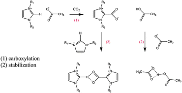 Graphical abstract: Understanding the mechanism of CO2 capture by 1,3 di-substituted imidazolium acetate based ionic liquids