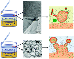 Graphical abstract: Influence of gold species (AuCl4− and AuCl2−) on self-assembly of PS-b-P2VP in solutions and morphology of composite thin films fabricated at the air/liquid interfaces