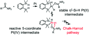 Graphical abstract: Platinum-catalyzed reduction of amides with hydrosilanes bearing dual Si–H groups: a theoretical study of the reaction mechanism