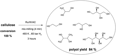 Graphical abstract: From microcrystalline cellulose to hard- and softwood-based feedstocks: their hydrogenolysis to polyols over a highly efficient ruthenium–tungsten catalyst