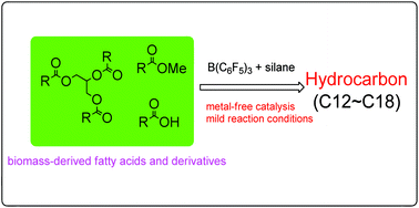 Graphical abstract: Conversion of biomass-derived fatty acids and derivatives into hydrocarbons using a metal-free hydrodeoxygenation process