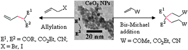 Graphical abstract: The remarkable catalytic activity of ultra-small free-CeO2 nanoparticles in selective carbon–carbon bond formation reactions in water at room temperature