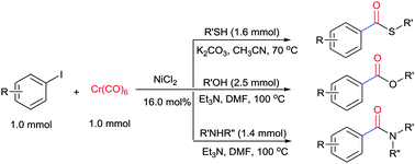 Graphical abstract: A novel nickel-catalyzed synthesis of thioesters, esters and amides from aryl iodides in the presence of chromium hexacarbonyl