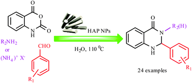 Graphical abstract: Hydroxyapatite nanoparticles (HAP NPs): a green and efficient heterogeneous catalyst for three-component one-pot synthesis of 2,3-dihydroquinazolin-4(1H)-one derivatives in aqueous media