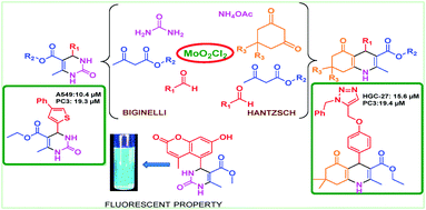 Graphical abstract: MoO2Cl2 catalyzed efficient synthesis of functionalized 3,4-dihydropyrimidin-2(1H)-ones/thiones and polyhydroquinolines: recyclability, fluorescence and biological studies