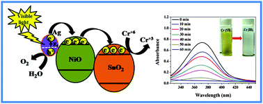 Graphical abstract: A novel Ag deposited nanocoordination polymer derived porous SnO2/NiO heteronanostructure for the enhanced photocatalytic reduction of Cr(vi) under visible light