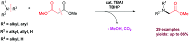 Graphical abstract: Transition-metal-free decarboxylation of dimethyl malonate: an efficient construction of α-amino acid esters using TBAI/TBHP