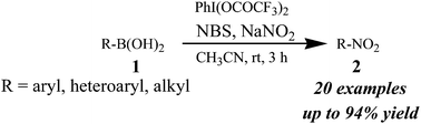 Graphical abstract: A novel transition metal free [bis-(trifluoroacetoxy)iodo]benzene (PIFA) mediated oxidative ipso nitration of organoboronic acids