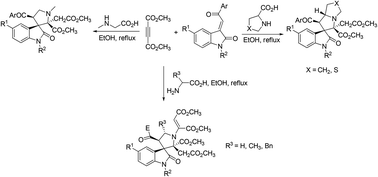 Graphical abstract: Convenient synthesis of functionalized spiro[indoline-3,2′-pyrrolizines] or spiro[indoline-3,3′-pyrrolidines] via multicomponent reactions