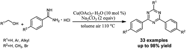 Graphical abstract: Synthesis of 1,3,5-triazines via Cu(OAc)2-catalyzed aerobic oxidative coupling of alcohols and amidine hydrochlorides