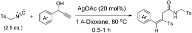 Graphical abstract: Silver-catalyzed cascade reaction of tosylmethyl isocyanide (TosMIC) with propargylic alcohols to (E)-vinyl sulfones: dual roles of TosMIC