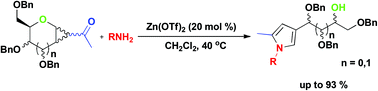 Graphical abstract: Zn(OTf)2 promoted rearrangement of 1,2-cyclopropanated sugars with amines: a convenient method for the synthesis of 3-polyhydroxyalkyl-substituted pyrrole derivatives