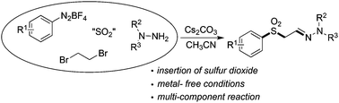 Graphical abstract: A four-component reaction of aryldiazonium tetrafluoroborates, sulfur dioxide, 1,2-dibromoethane, and hydrazines