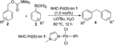 Graphical abstract: N-Heterocyclic carbene–palladium(ii)–1-methylimidazole complex-catalyzed Suzuki–Miyaura coupling of benzyl carbamates with arylboronic acids