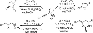 Graphical abstract: Hg/Pt-catalyzed conversion of bromo alkynamines/alkynols to saturated and unsaturated γ-butyrolactams/lactones via intramolecular electrophilic cyclization
