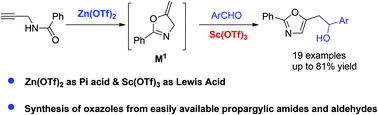 Graphical abstract: Zn/Sc bimetallic relay catalysis: one pot cycloisomerization/carbonyl–ene reaction toward oxazole derivatives