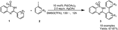 Graphical abstract: Palladium-catalyzed direct C–H arylation of 3-aryl-2H-benzo[1,2,4]thiadiazine 1,1-dioxides: an efficient strategy to the synthesis of benzothiadiazine-1,1-dioxide derivatives