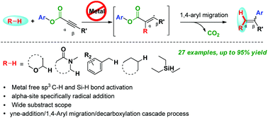 Graphical abstract: A metal-free yne-addition/1,4-aryl migration/decarboxylation cascade reaction of alkynoates with Csp3–H centers