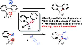 Graphical abstract: Synthesis of silafluorenes and silaindenes via silyl radicals from arylhydrosilanes: intramolecular cyclization and intermolecular annulation with alkynes
