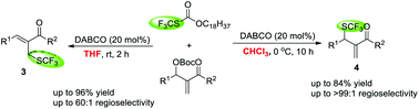 Graphical abstract: Solvent-controlled nucleophilic trifluoromethylthiolation of Morita–Baylis–Hillman carbonates: dual roles of DABCO in activating the Zard's trifluoromethylthiolation reagent and the MBH carbonates