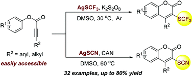 Graphical abstract: Direct radical trifluoromethylthiolation and thiocyanation of aryl alkynoate esters: mild and facile synthesis of 3-trifluoromethylthiolated and 3-thiocyanated coumarins