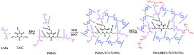 Graphical abstract: Synthesis and adsorption property of hydrophilic–hydrophobic macroporous crosslinked poly(methyl acryloyl diethylenetriamine)/poly(divinylbenzene) (PMADETA/PDVB) interpenetrating polymer networks (IPNs)