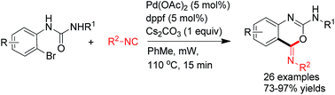 Graphical abstract: Microwave-assisted palladium-catalysed isonitrile insertion in 2-bromophenylureas for efficient synthesis of 4-substituted imino 4H-benzo[d][1,3]oxazin-2-amines
