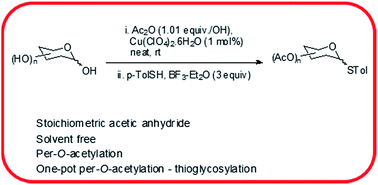 Graphical abstract: Cu(ClO4)2·6H2O catalyzed solvent free per-O-acetylation and sequential one-pot conversions of sugars to thioglycosides