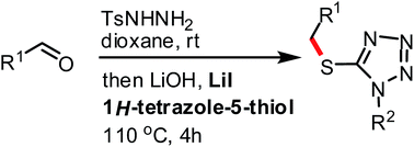 Graphical abstract: A straightforward synthesis of alkyl 1H-tetrazol-5-yl thioethers via a one-pot reaction of aldehydes and 1H-tetrazole-5-thiols mediated by N-tosylhydrazones