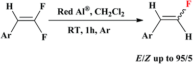 Graphical abstract: Synthesis of monofluoroalkenes through selective hydrodefluorination of gem-difluoroalkenes with Red-Al®