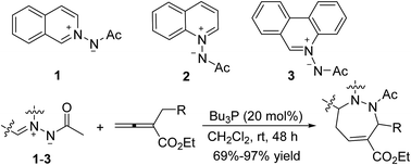 Graphical abstract: Phosphine-catalyzed [4 + 3] cycloaddition reaction of aromatic azomethine imines with allenoates