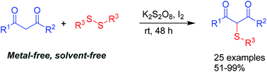 Graphical abstract: K2S2O8/I2 promoted syntheses of α-thio-β-dicarbonyl compounds via oxidative C–S coupling reactions under transition metal-free and solvent-free conditions