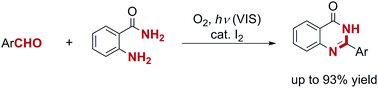 Graphical abstract: Aerobic photooxidative synthesis of 2-aryl-4-quinazolinones from aromatic aldehydes and aminobenzamide using catalytic amounts of molecular iodine