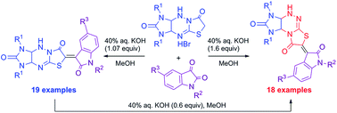 Graphical abstract: Synthesis of imidazo[4,5-e]thiazolo[2,3-c]-1,2,4-triazine-2,8-diones via a rearrangement of imidazo[4,5-e]thiazolo[3,2-b]-1,2,4-triazine-2,7-diones in the reaction with isatins
