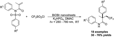 Graphical abstract: Light-mediated cascade transformation of activated alkenes: BiOBr nanosheets as efficient photocatalysts for the synthesis of α-aryl-β-trifluoromethyl amides