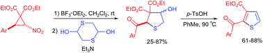 Graphical abstract: Synthesis of 2,3-disubstituted thiophenes from 2-aryl-3-nitro-cyclopropane-1,1-dicarboxylates and 1,4-dithiane-2,5-diol